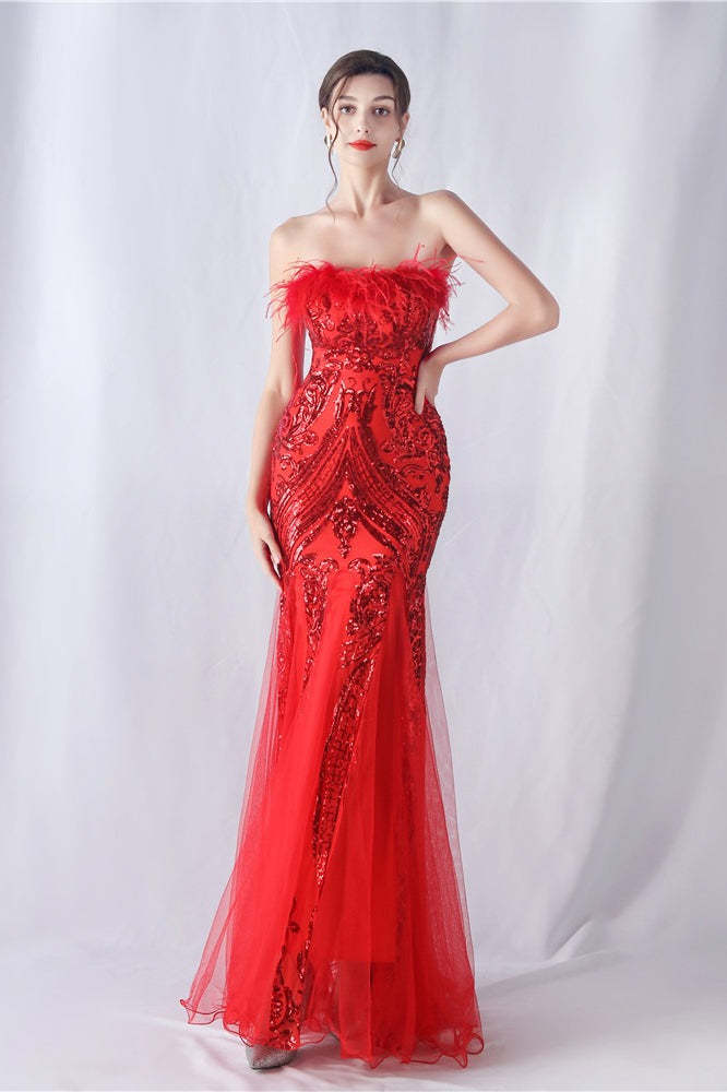 Ostrich Feather Sequin Evening Party Dress Red / S