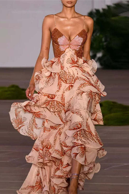 Chic V Neck Pleated Boho Dress