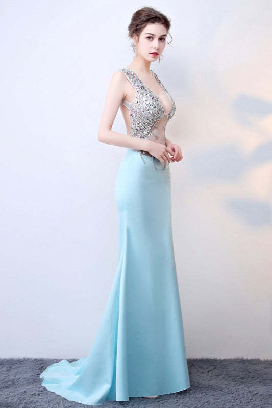 Sheer Blue Deep V Neck Maxi Party Dress