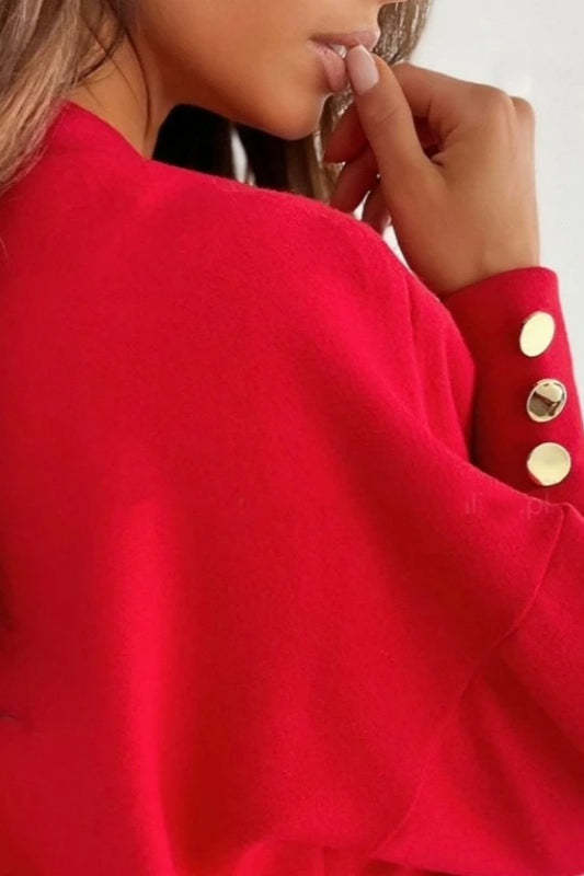 V Neck Button Knit Pullover Sweater Red / S