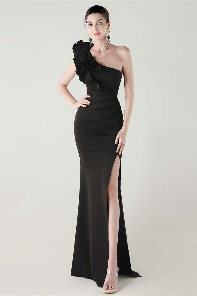 Ruffled Floral One Shoulder Satin Party Dress