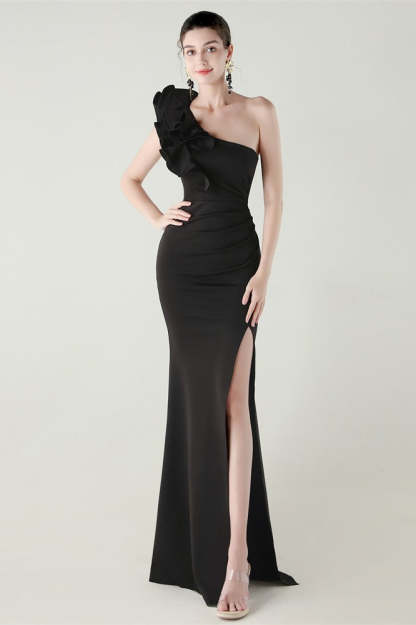 Ruffled Floral One Shoulder Satin Party Dress