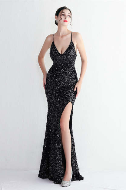 Elegant Velvet Sequin Party Dress Black / S