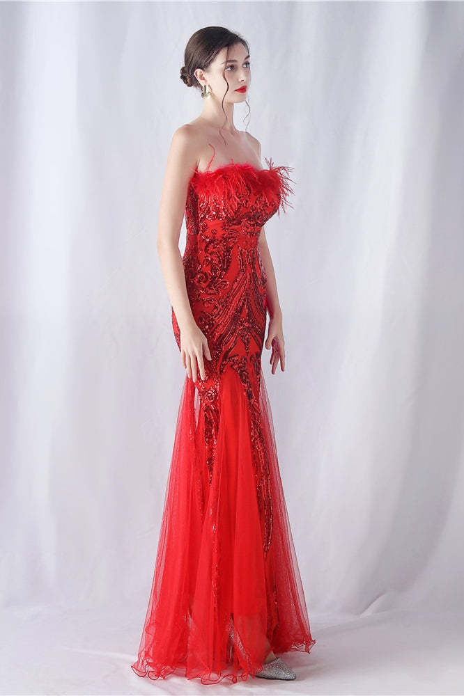 Ostrich Feather Sequin Evening Party Dress