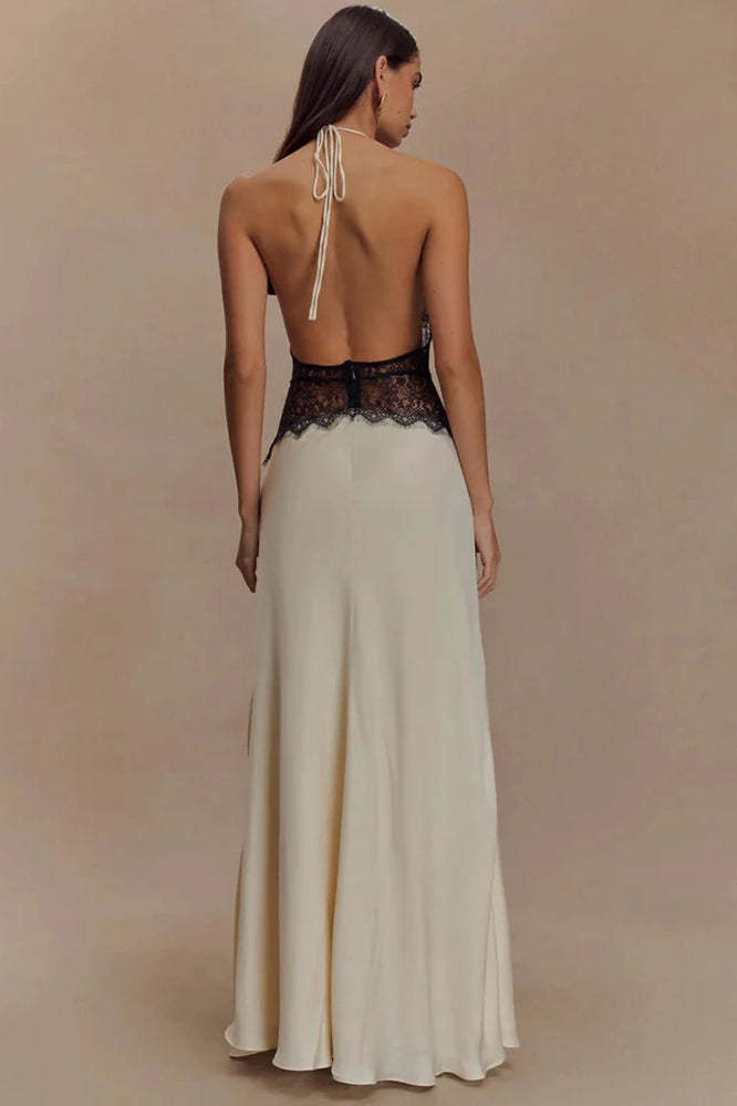 Lace Patchwork Backless Halter Boho Dress