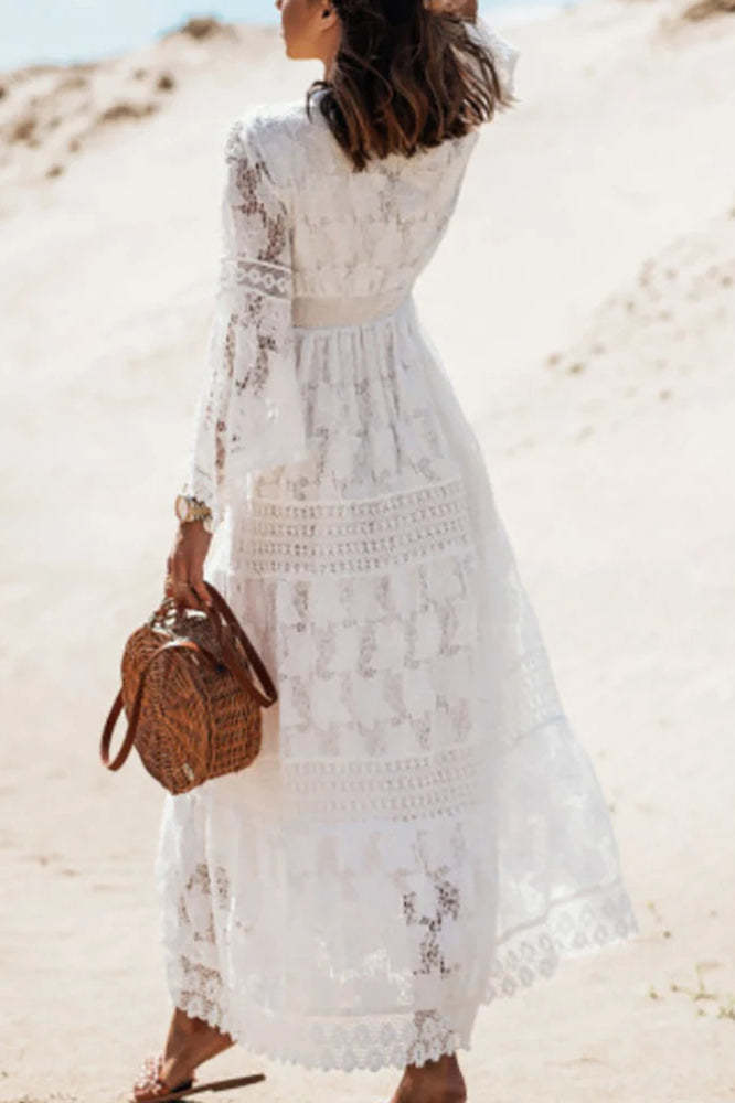 Lace V Neck Hollow Boho Dress