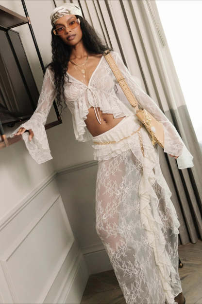 Sheer Lace Two Piece Boho Dress White / S