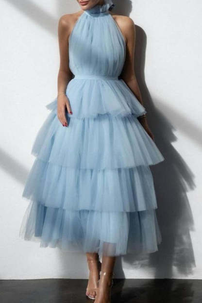 Blue Tiered Ruffle Mesh Party Dress XS / Blue