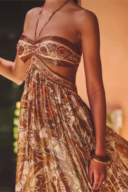 Strapless Lace Up Pleated Boho Dress Brown / S