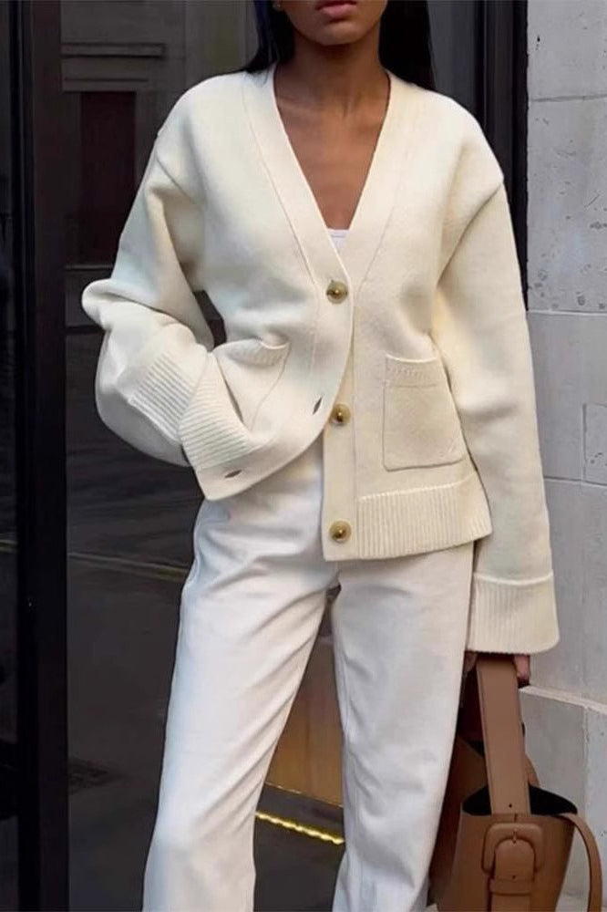 Solid Color Knit V Neck Coat White / S coats