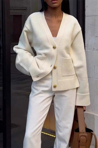 Solid Color Knit V Neck Coat White / S coats