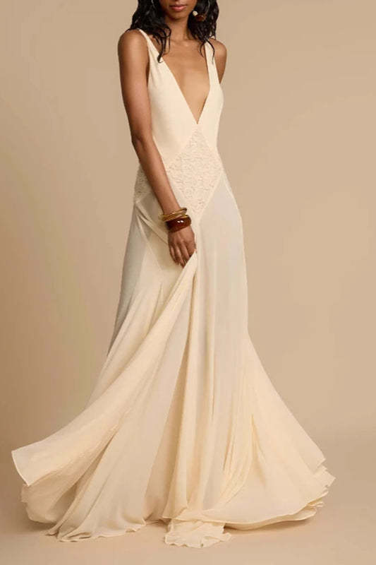 Deep V Neck Lace Patchwork Boho Dress