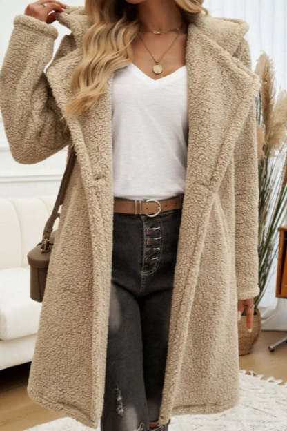 Mid Length Fuzzy Lapel Coat Khaki / S coats