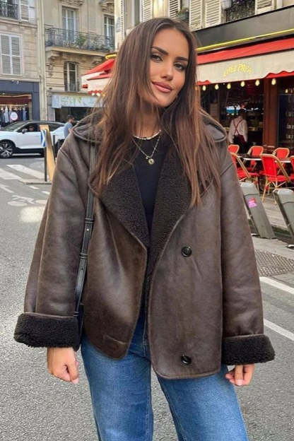 Faux Shearling Lined Loose Jacket Brown / XS