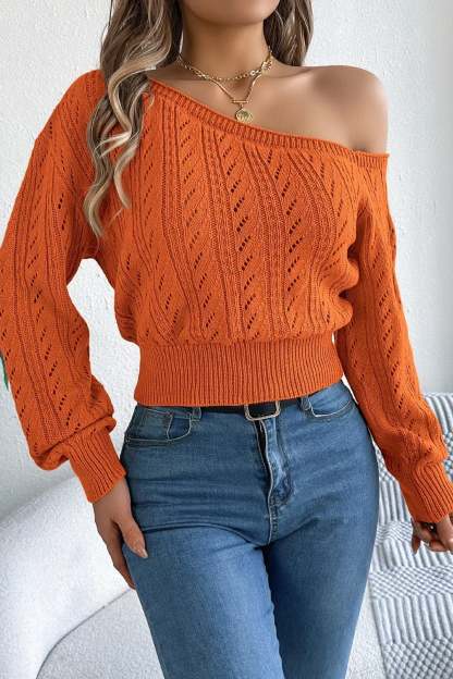 Off Shoulder Knit Pullover Sweater Orange / S