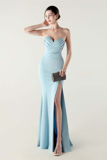 Strapless Sweetheart Pleated Party Dress Blue / S