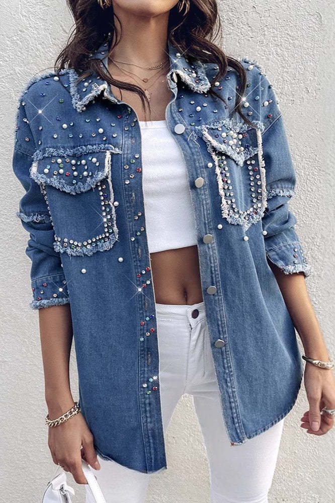 Beaded Contrast Denim Long Sleeve Coat coats