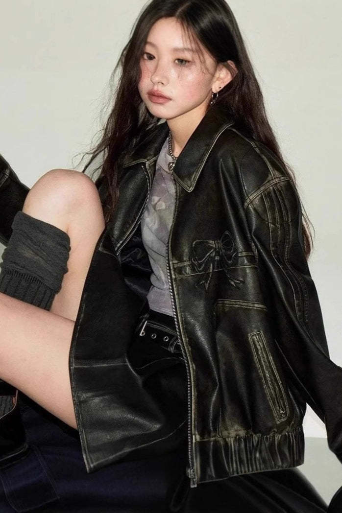 Bow Decor Faux Leather Moto Jacket Black / S