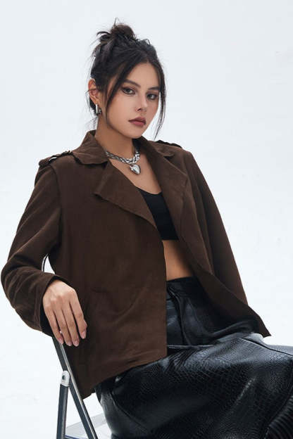 Suede Open Front Biker Jacket Brown / One Size