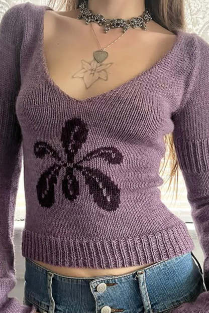 V Neck Floral Jacquard Sweater