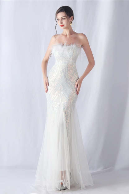 Ostrich Feather Sequin Evening Party Dress White / S