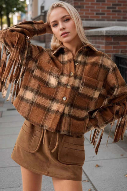 Plaid Fringe Wool Crop Coat Brown / S