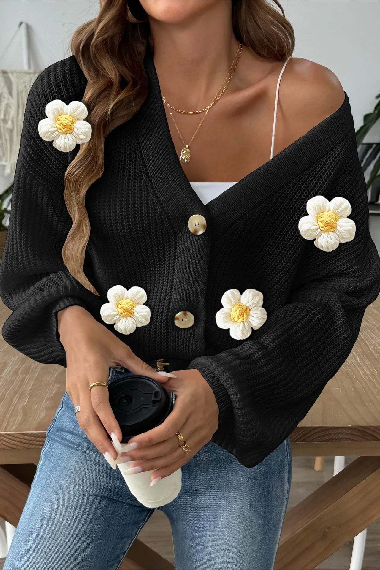 Short Floral Knit Long Sleeve Cardigan