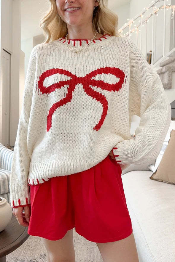 Bow Jacquard Knit Pullover Sweater White / S