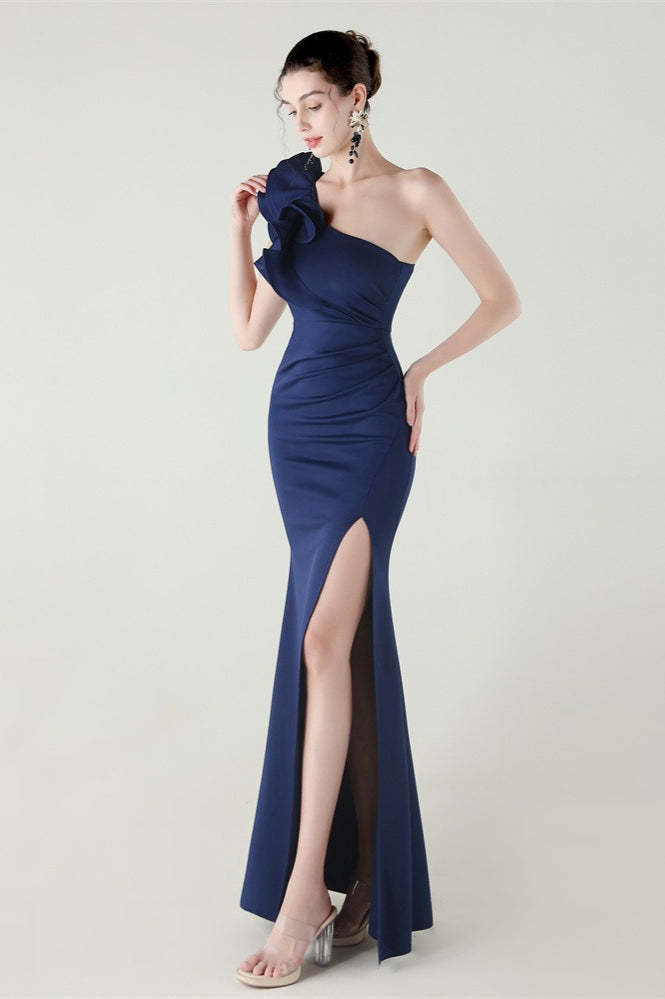 Ruffled Floral One Shoulder Satin Party Dress