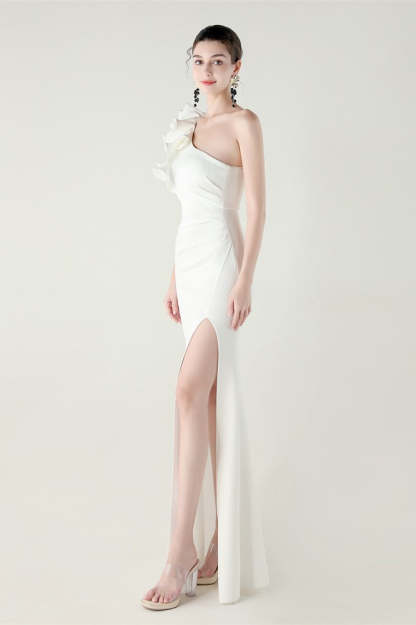 Ruffled Floral One Shoulder Satin Party Dress