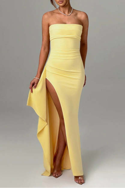 Sexy Strapless Slit Evening Party Dress S / Yellow