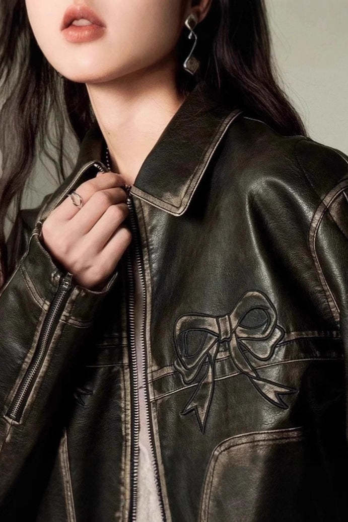 Bow Decor Faux Leather Moto Jacket