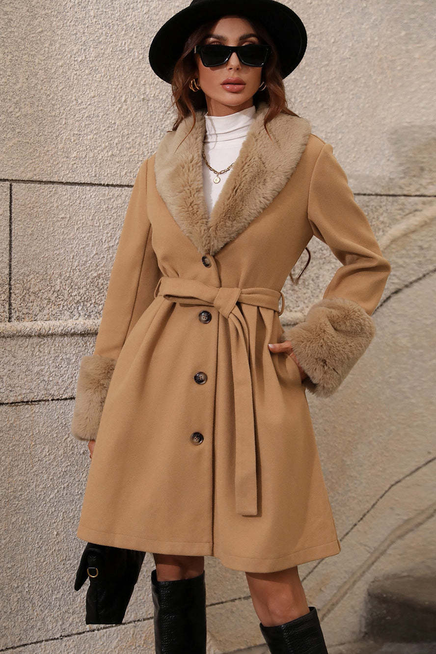 Fur Collar Belted Midi Trench Coat