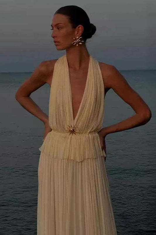 Pleated Halter Top Boho Dress White / S