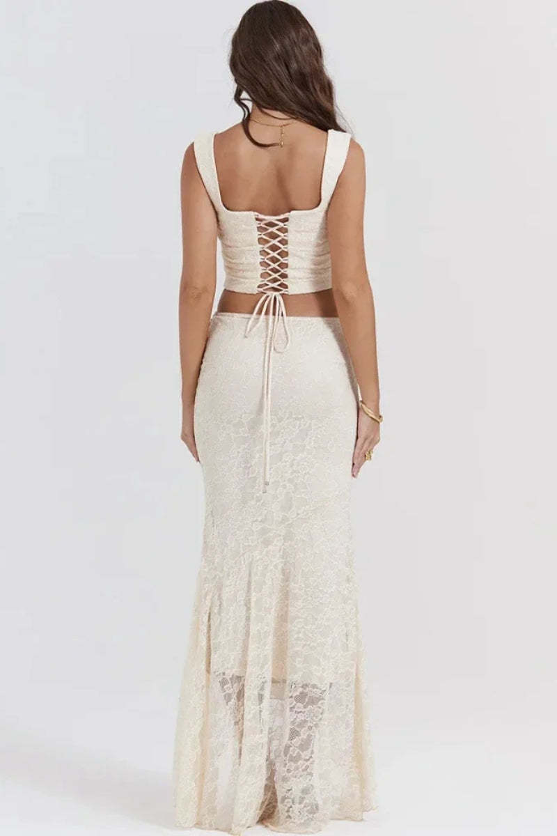 Elegant Lace Up Crop Top & Maxi Skirt Boho Dress
