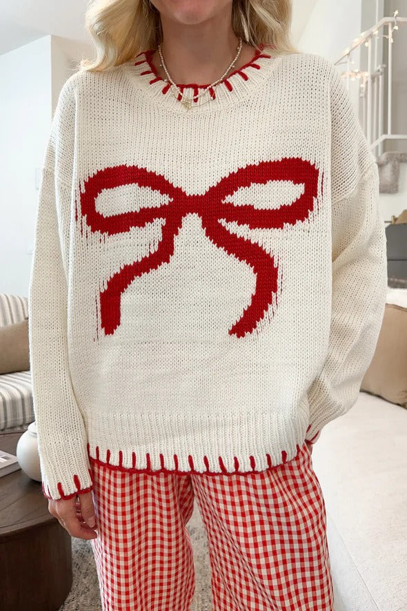 Bow Jacquard Knit Pullover Sweater