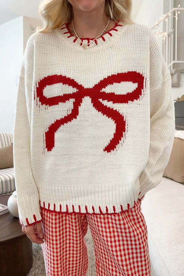 Bow Jacquard Knit Pullover Sweater