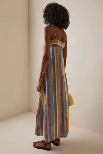 Striped Printed Strap Boho Dress Grey / S