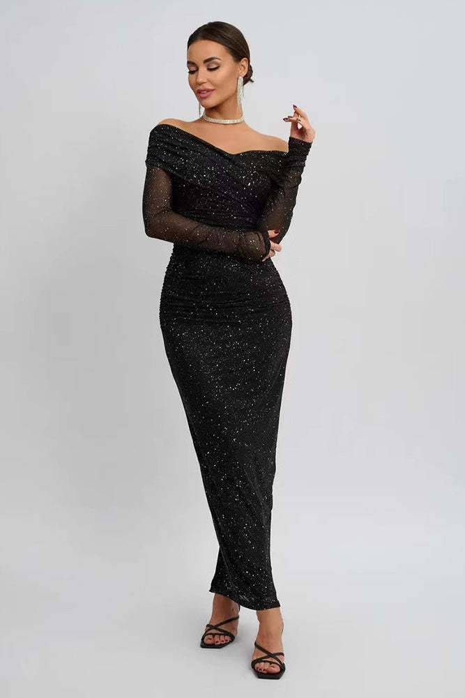 Strapless Mesh Long Sleeve Maxi Party Dress