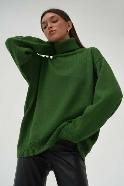 Turtleneck Loose Knit Pullover Sweater Dark Green / S