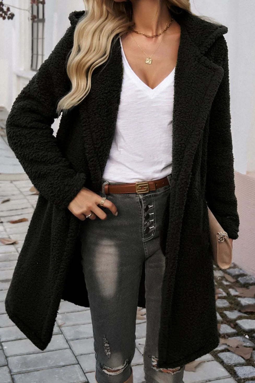 Mid Length Fuzzy Lapel Coat Black / S coats