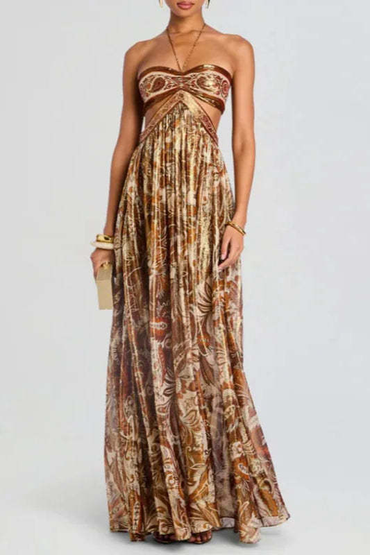 Strapless Lace Up Pleated Boho Dress