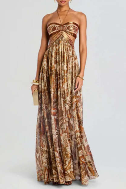 Strapless Lace Up Pleated Boho Dress
