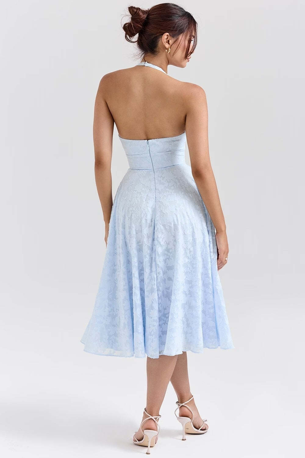 Romantic Blue Halter Jacquard Party Dress
