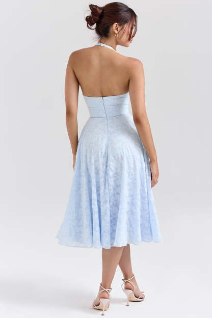 Romantic Blue Halter Jacquard Party Dress