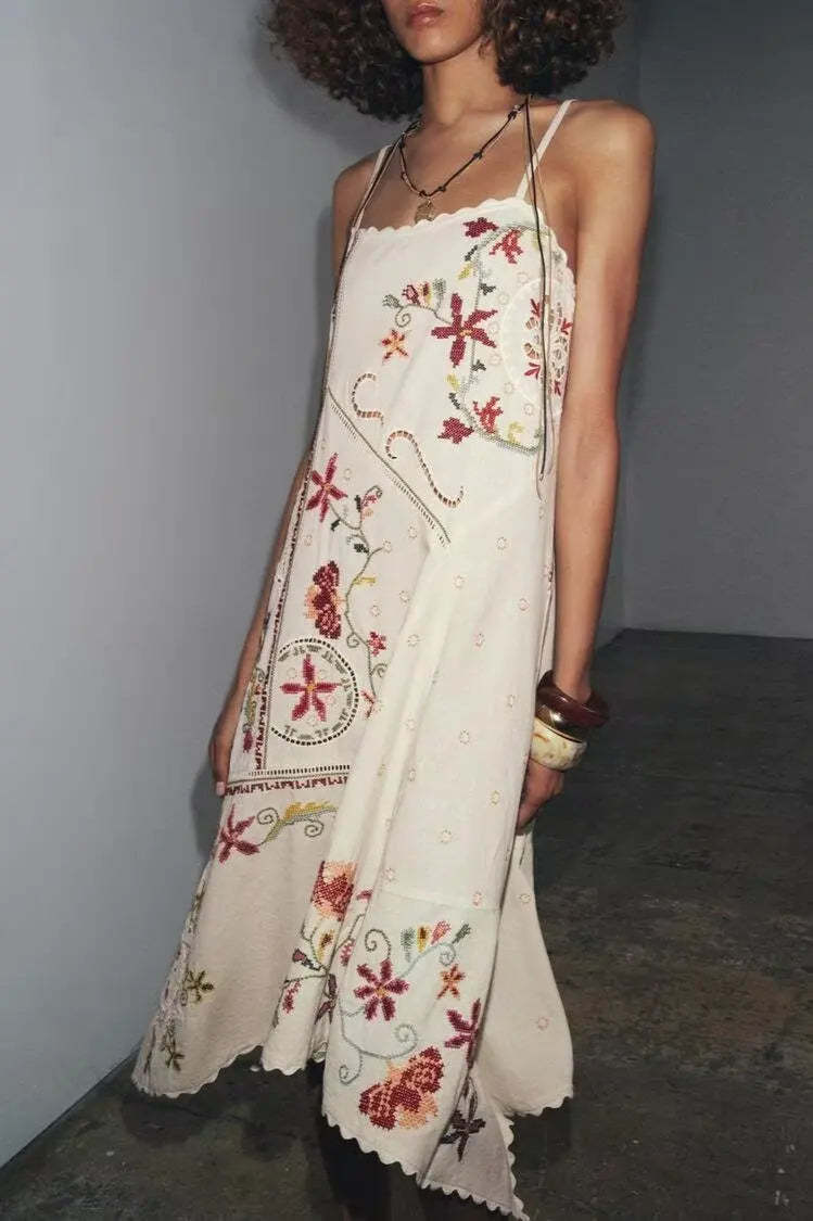 Floral Embroidered Asymmetric Boho Dress