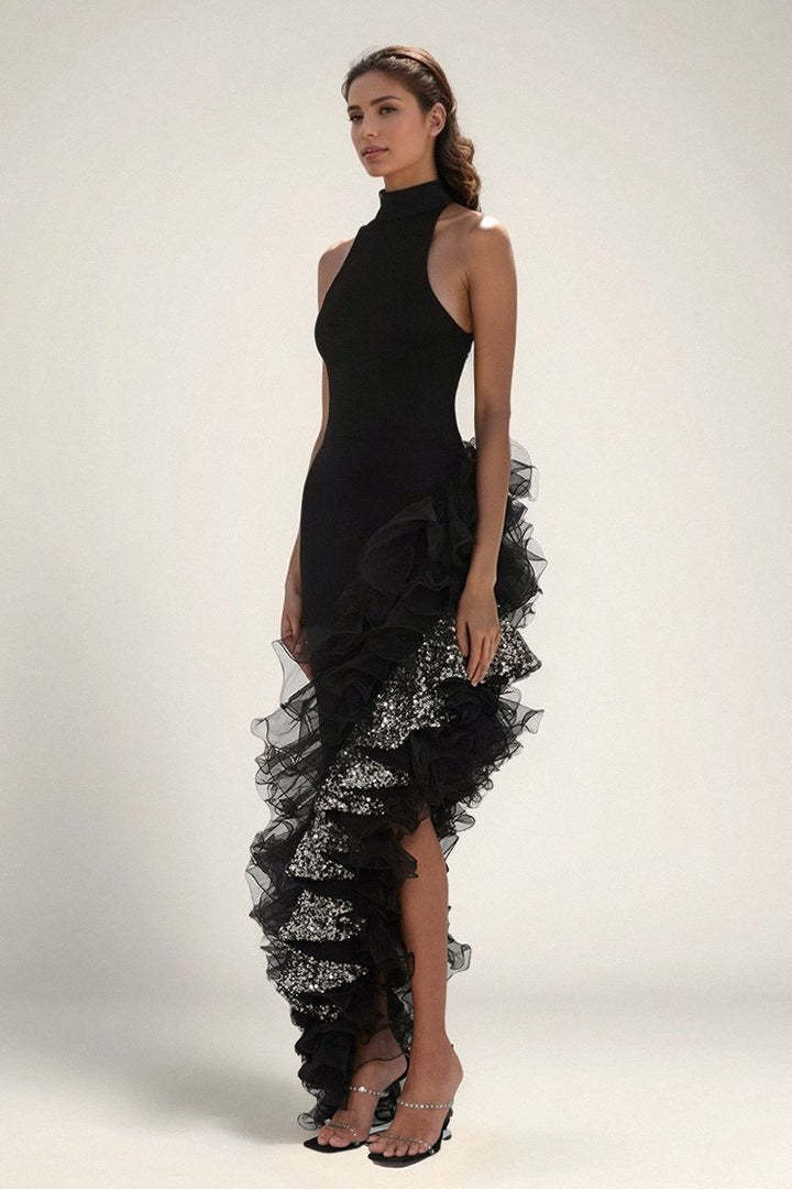 Black Ruffled Mesh Asymmetrical Party Dress