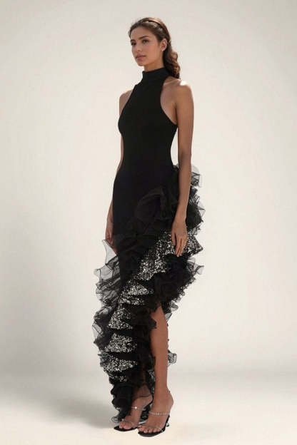 Black Ruffled Mesh Asymmetrical Party Dress