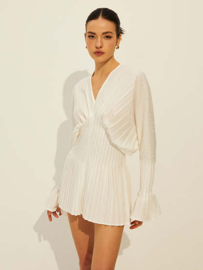 Pleated V Neck Long Sleeve Dress Dresses