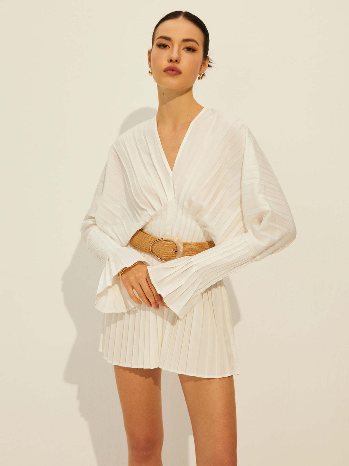 Pleated V Neck Long Sleeve Dress Dresses